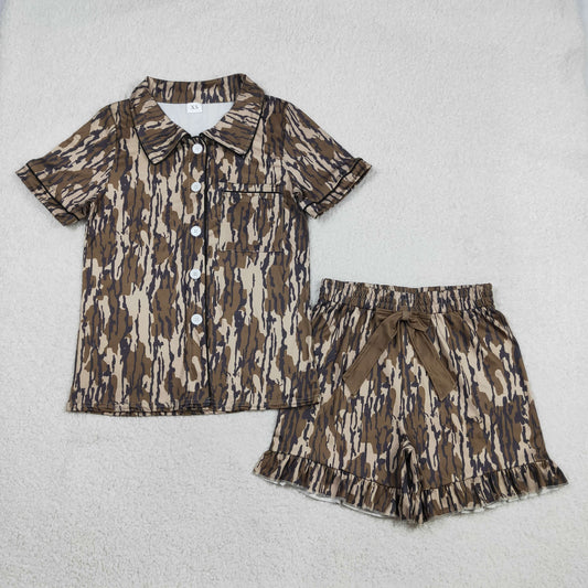 RTS NO MOQ GSSO3136 Adult Women's Southern Olive Camo Pajamas Set with Button Pocket Top And Ruffle Shorts Sleepwear