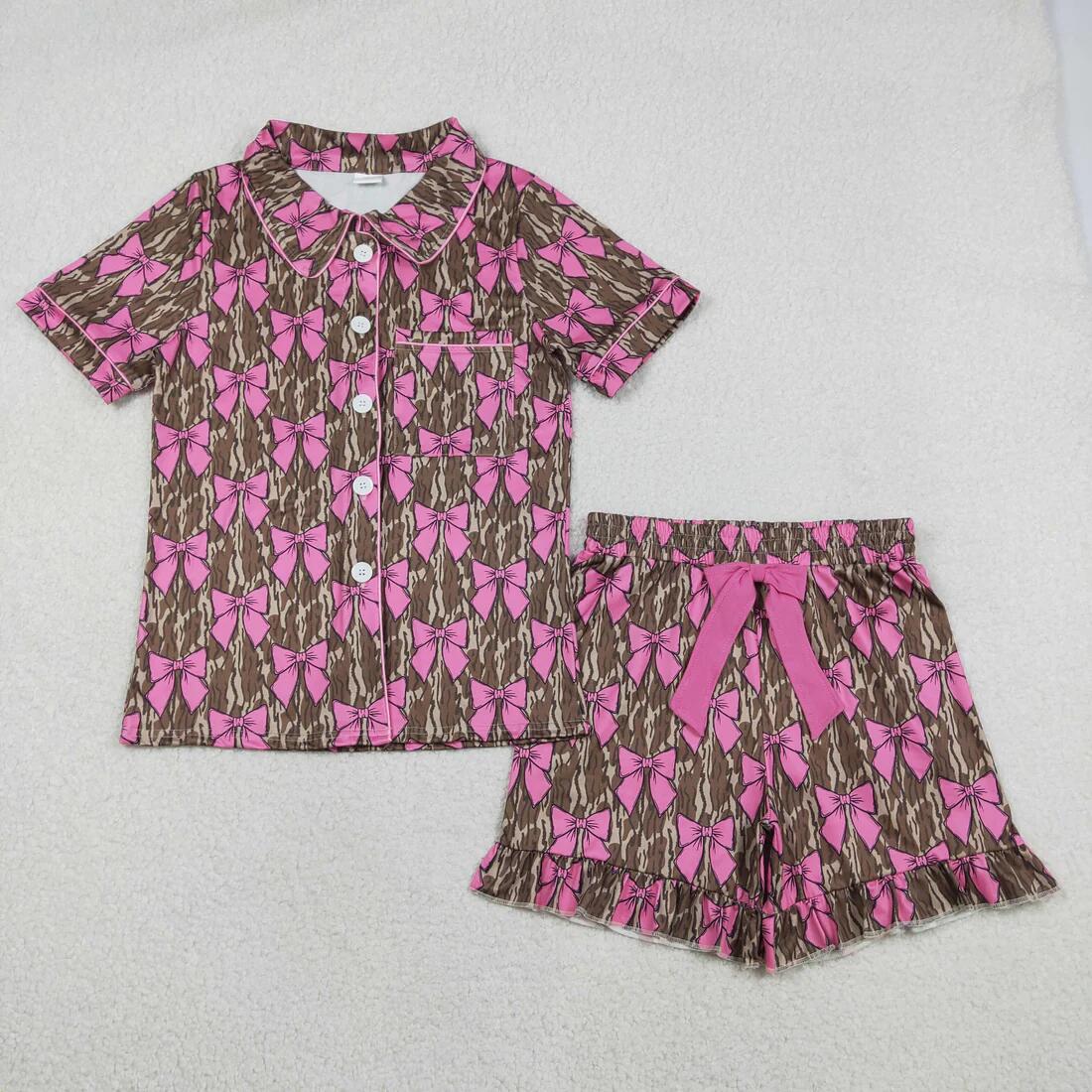 RTS NO MOQ Sibling Adult Women Camouflage Pajamas Sets Button Pocket Ruffle Shorts with Bows Hunting Sleepwear