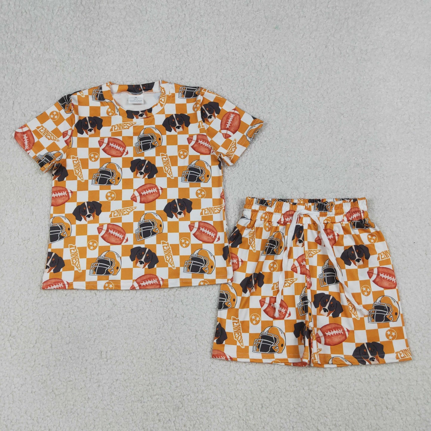 RTS NO MOQ GSSO3161 Baby Girls Orange Checked Football Top And Shorts Set Team Outfit