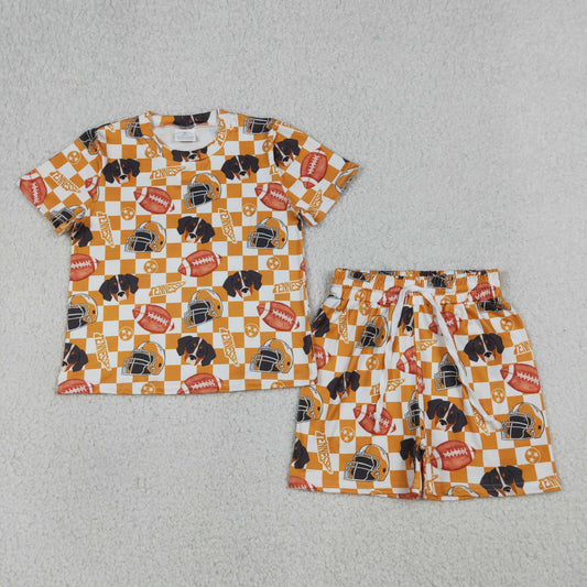 RTS NO MOQ GSSO3161 Baby Girls Orange Checked Football Top And Shorts Set Team Outfit