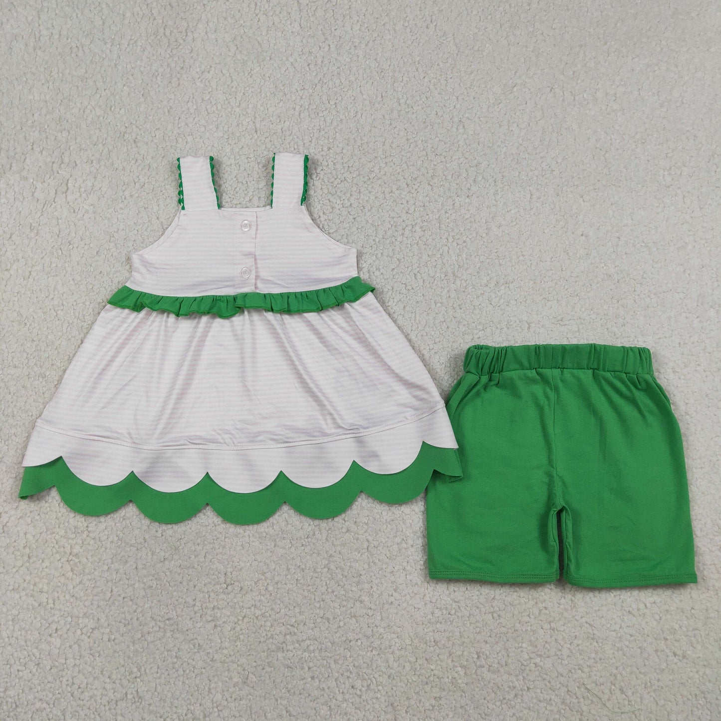 RTS NO MOQ milk silk GSSO3164 Little Girls Cute Watermelon Print Strap Ruffle Summer Suit