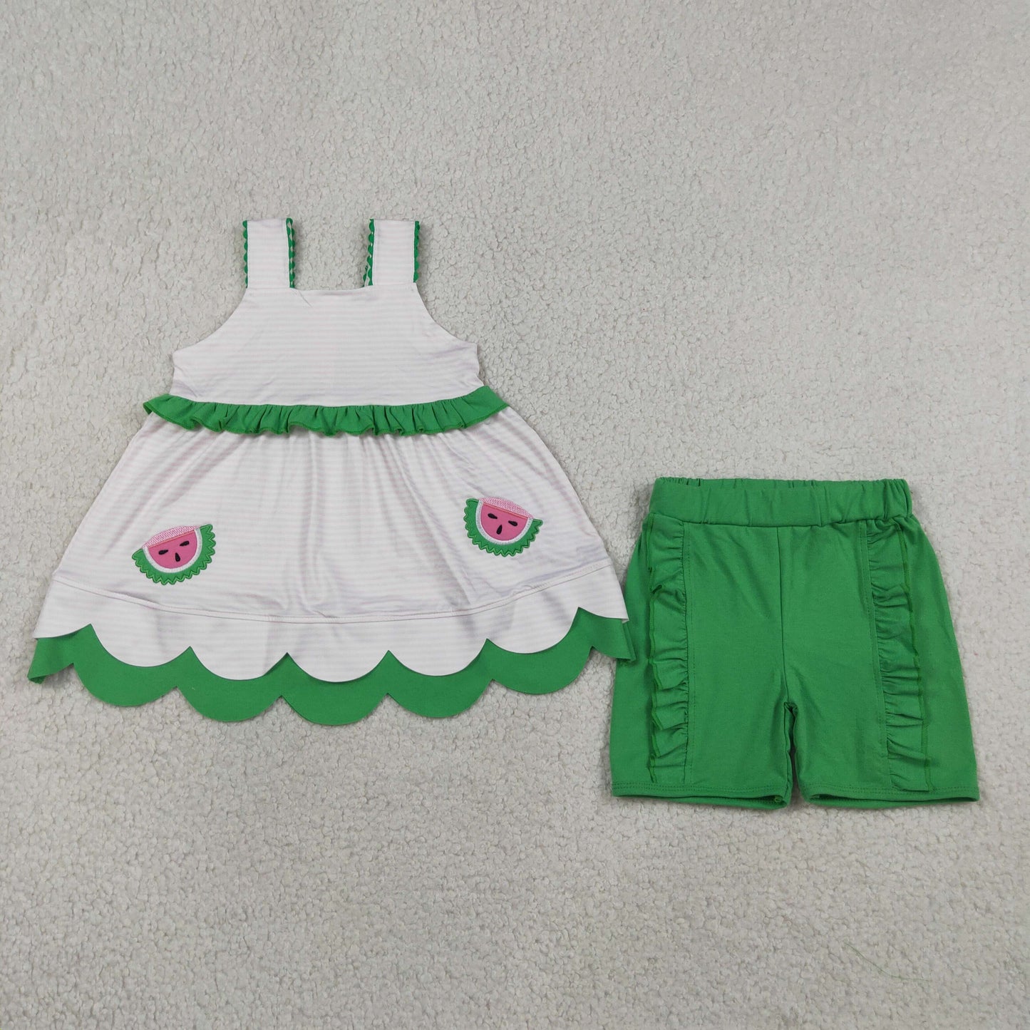 RTS NO MOQ Sibling cotton Baby Girls Watermelon Embroidery Scallop Tunic Ruffle Shorts Set