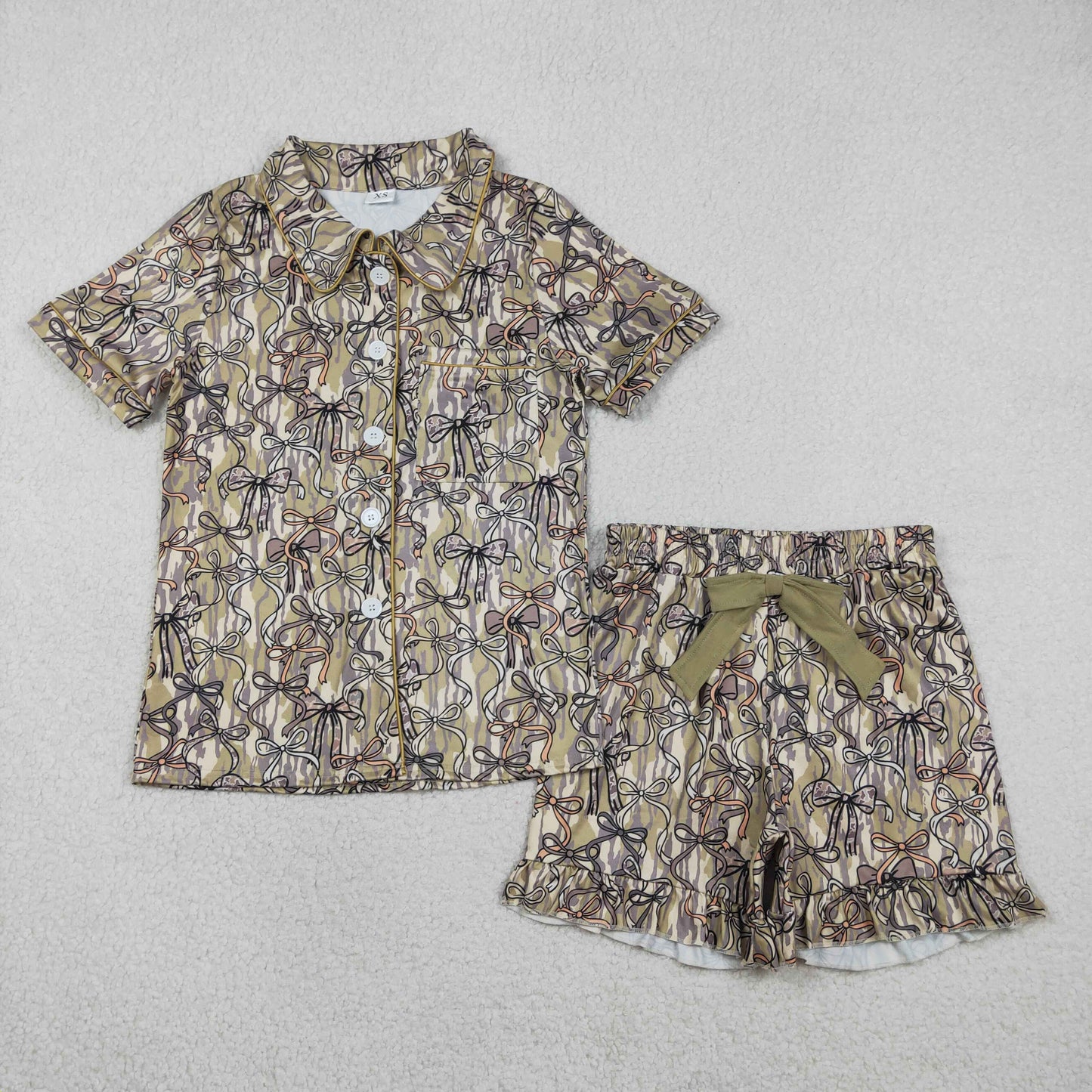 RTS NO MOQ GSSO3166 Adult Women's Southern Olive Camo Pajamas Set with Bows Button Pocket Top And Ruffle Shorts Sleepwear for Ladies