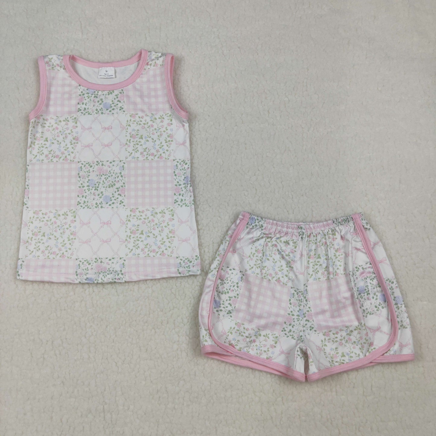 RTS NO MOQ GSSO3168 Baby Girls Pink Checked Flowers Outfit Set Top And Shorts  for Infants