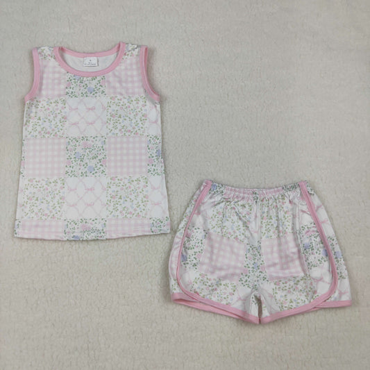 RTS NO MOQ GSSO3168 Baby Girls Pink Checked Flowers Outfit Set Top And Shorts  for Infants