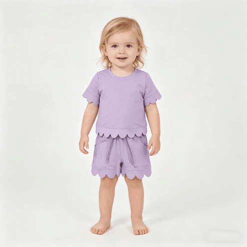 RTS NO MOQ Sibling  Mom And Me Lavender  Short Sleeve Top With Pockets Scallop Shorts Sets