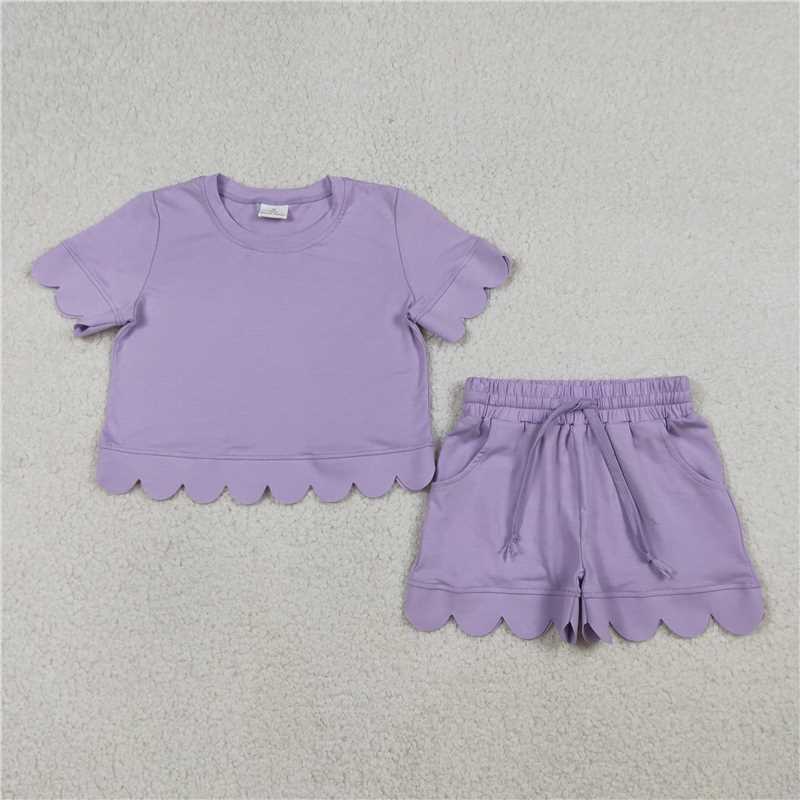 RTS NO MOQ Sibling  Mom And Me Lavender  Short Sleeve Top With Pockets Scallop Shorts Sets