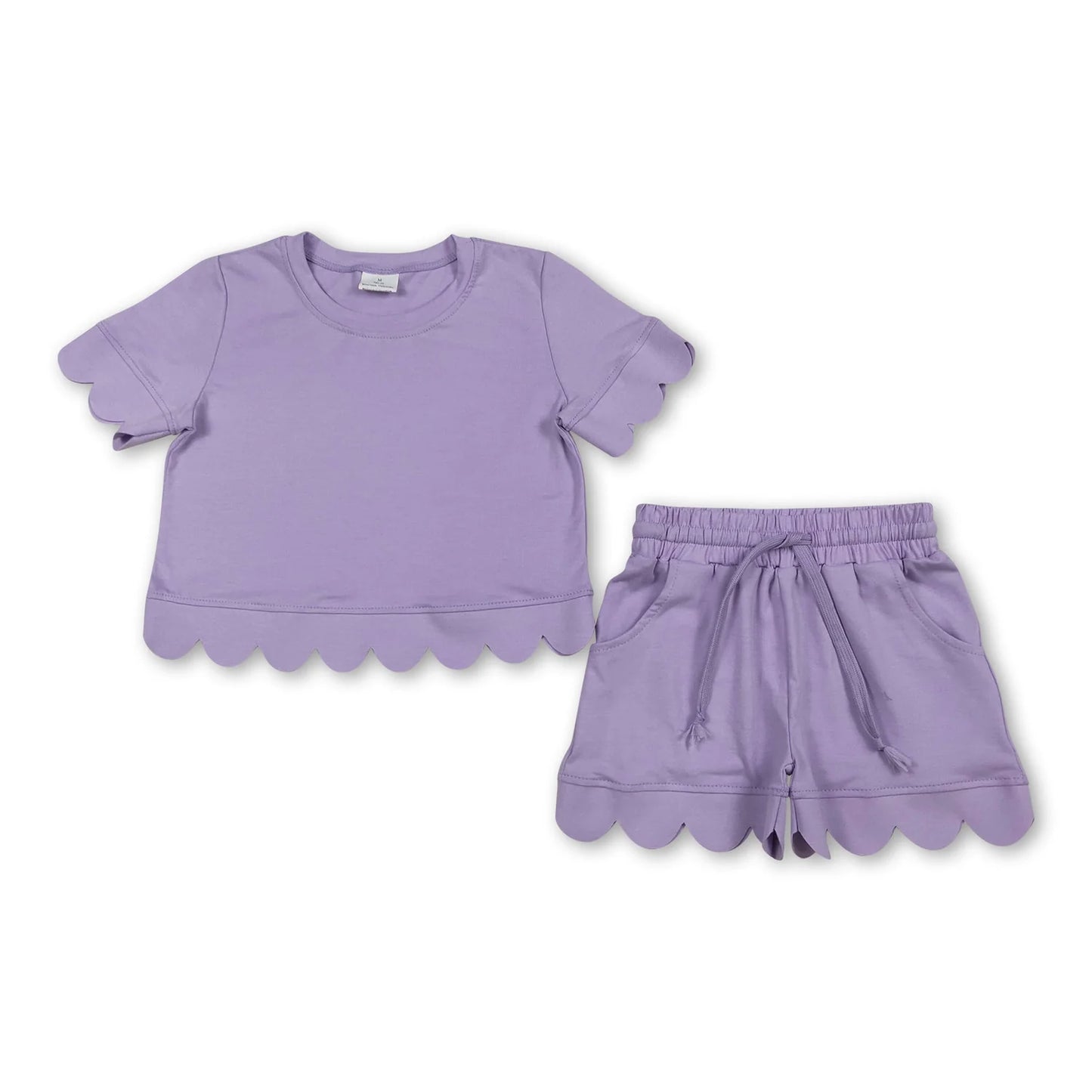 RTS NO MOQ Sibling cotton Baby Girls Solid Color Scallop Trim Short Sleeve Tee And Elastic Waist Shorts Set