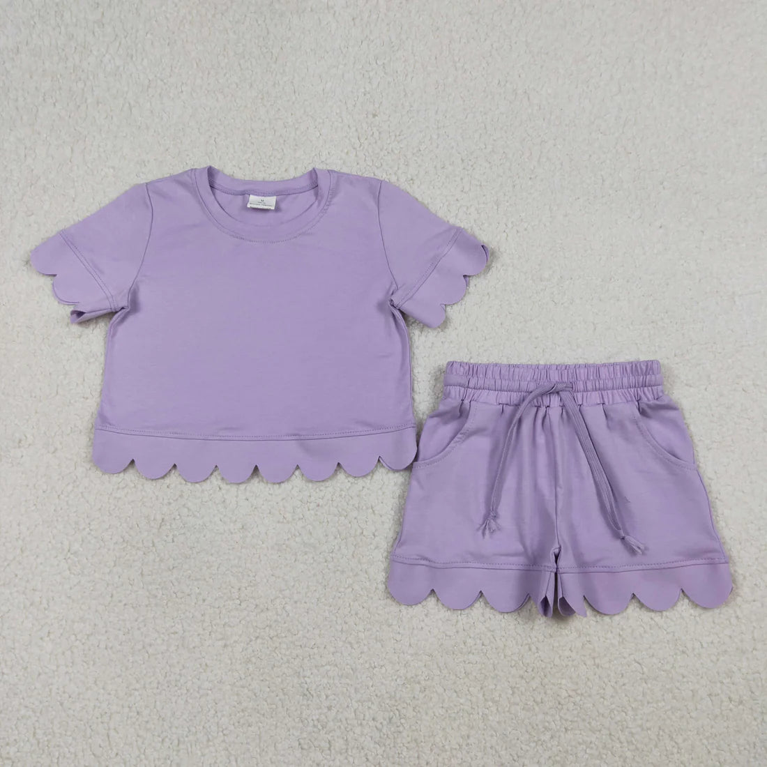Best Sell RTS Lavender Cotton Clothes Set with Pockets Short Scallop Top Bottoms Matching Family Girls Outfit Set