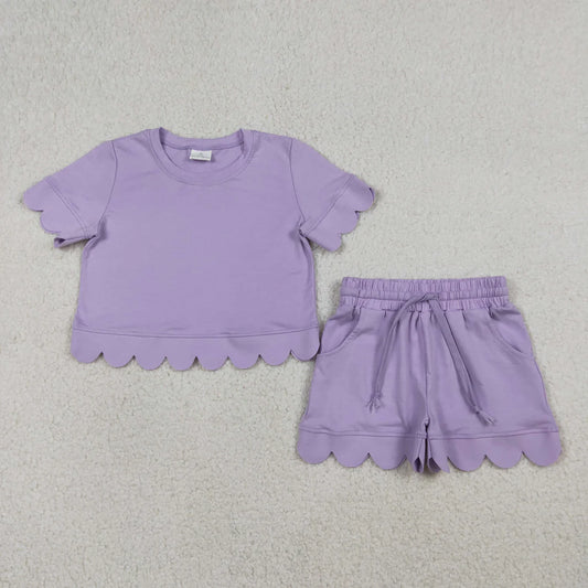 Best Sell RTS Lavender Cotton Clothes Set with Pockets Short Scallop Top Bottoms Matching Family Girls Outfit Set