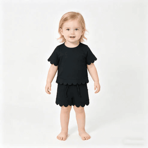 RTS NO MOQ Sibling  Mom And Me Black Short Sleeve Top With Pockets Scallop Shorts Sets