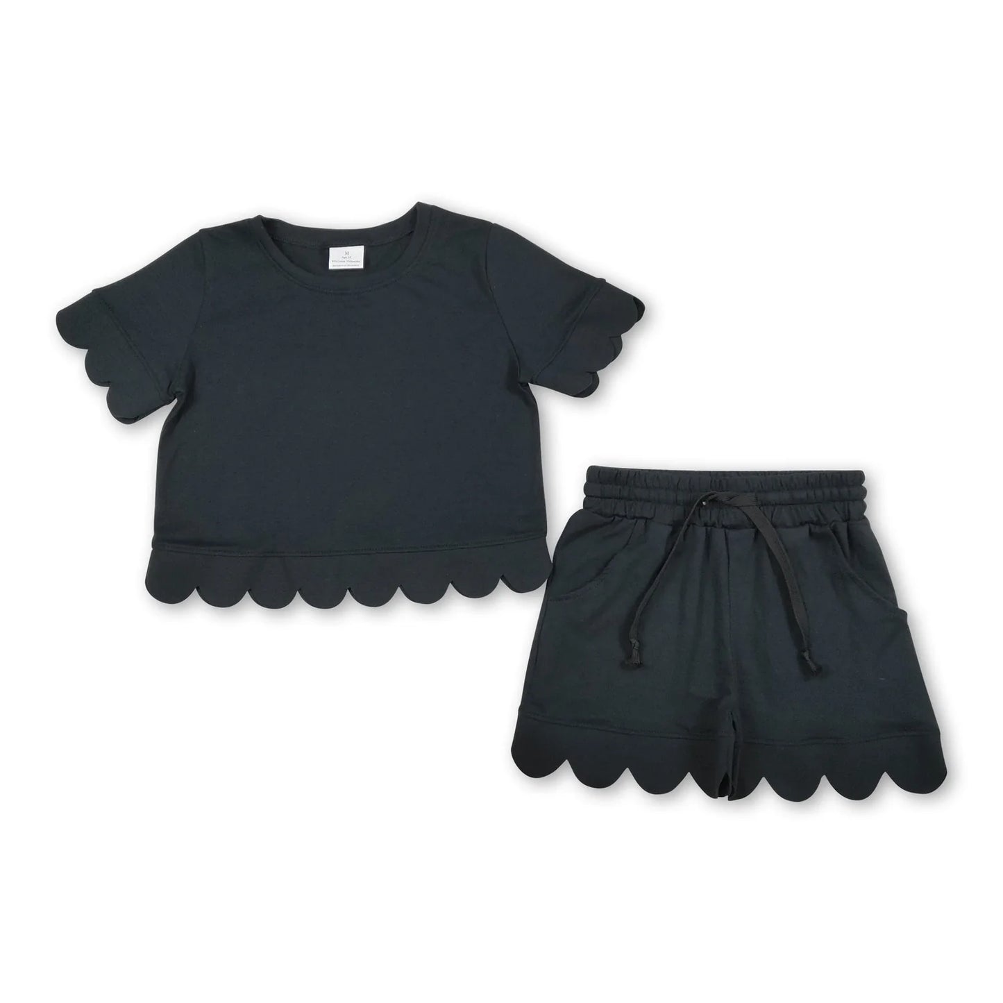 RTS NO MOQ Sibling cotton Baby Girls Solid Color Scallop Trim Short Sleeve Tee And Elastic Waist Shorts Set