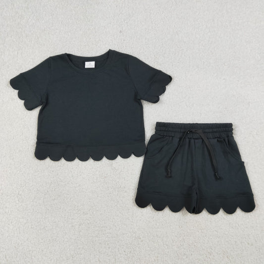 RTS NO MOQ GSSO3172 Baby Girls Black Short Sleeve Shirt Top And Shorts Set Scallop Trim Outfit for Infants