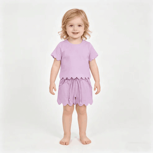 RTS NO MOQ Sibling  Mom And Me Pink Short Sleeve Top With Pockets Scallop Shorts Sets