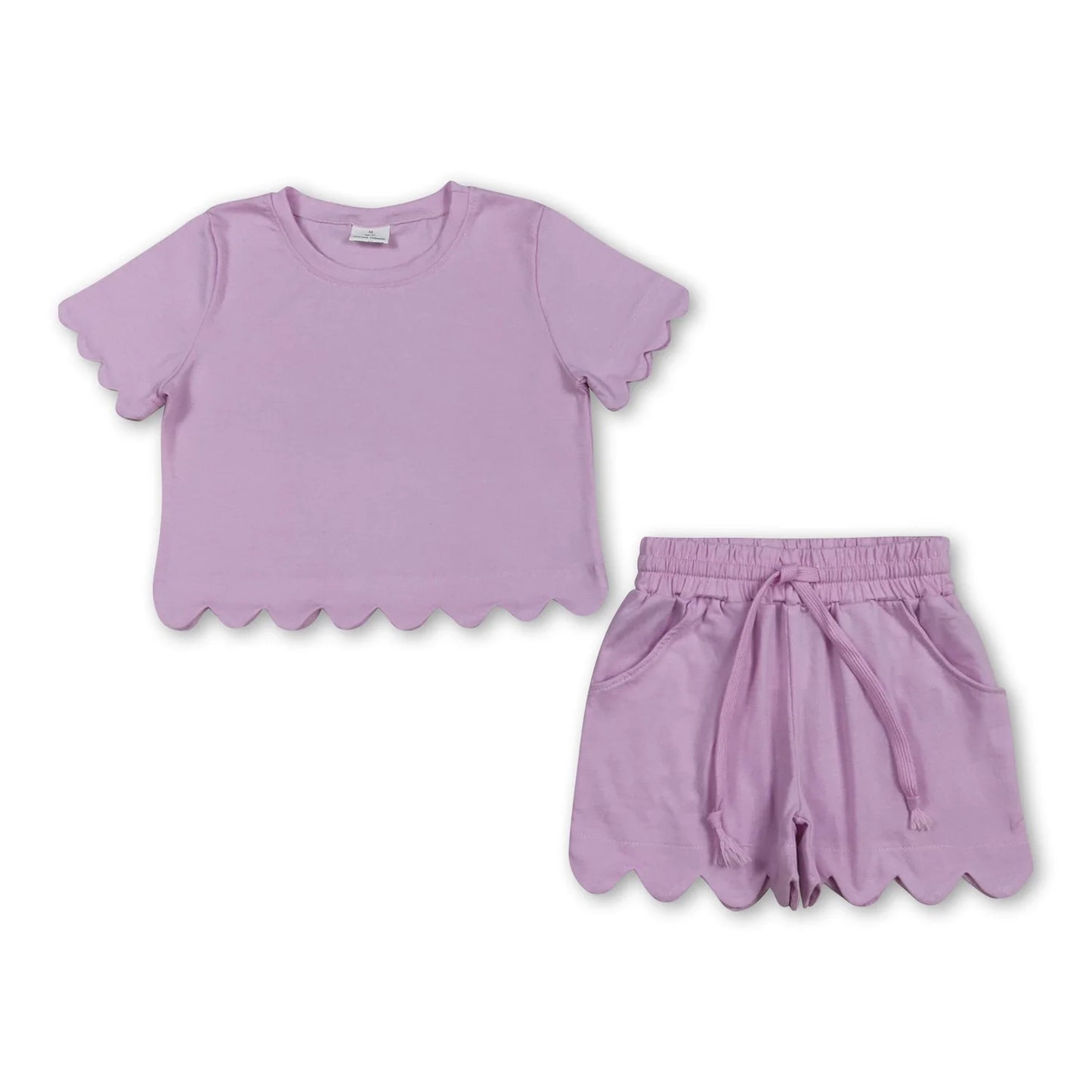 RTS NO MOQ Sibling cotton Baby Girls Solid Color Scallop Trim Short Sleeve Tee And Elastic Waist Shorts Set