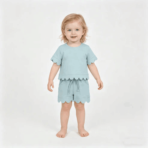 RTS NO MOQ Sibling  Mom And Me Light Blue Short Sleeve Top With Pockets Scallop Shorts Sets