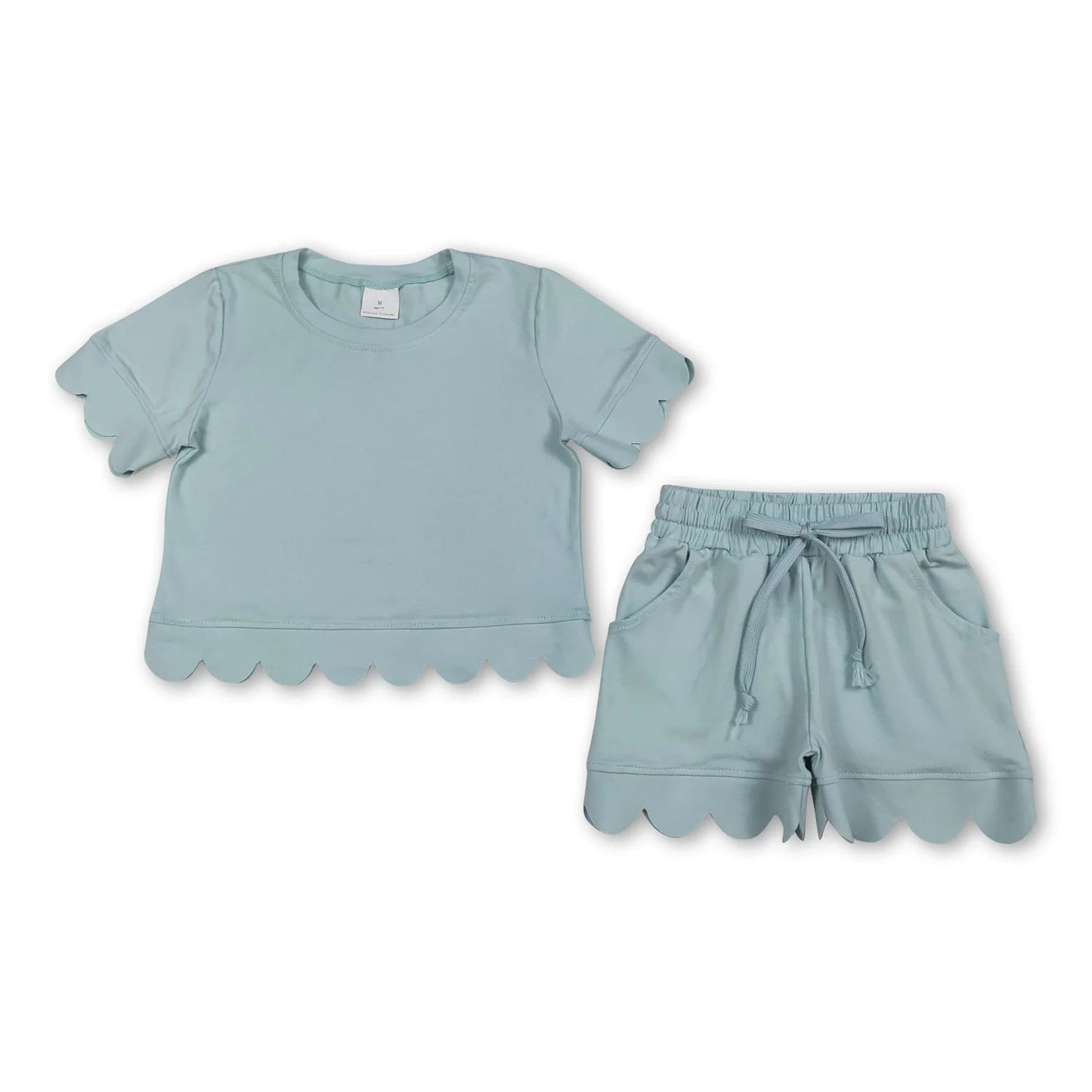 RTS NO MOQ Sibling cotton Baby Girls Solid Color Scallop Trim Short Sleeve Tee And Elastic Waist Shorts Set