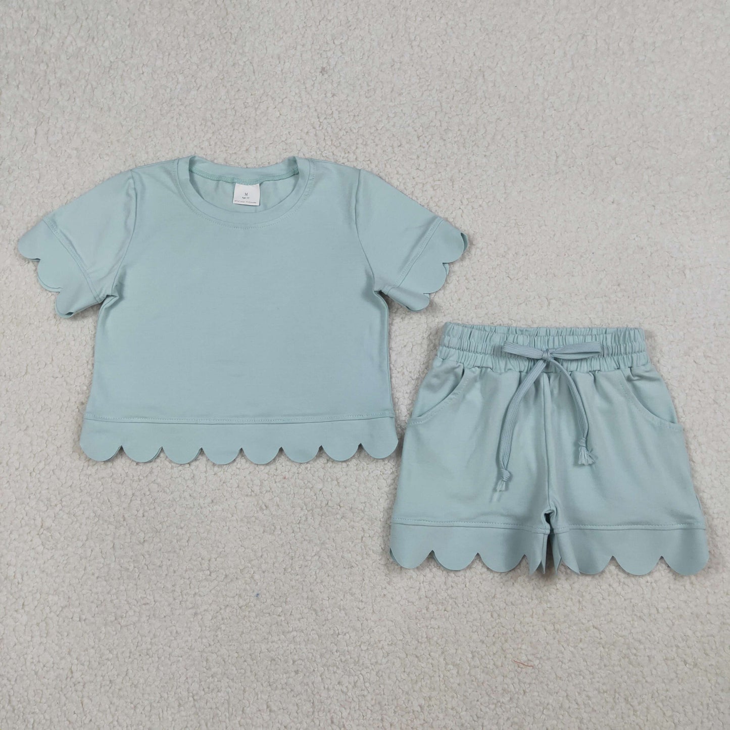 RTS NO MOQ GSSO3174 Baby Girls Light Blue Short Sleeve Shirt Top And Shorts Set Scallop Trim Outfit for Infants