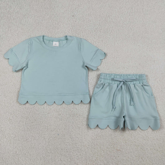 RTS NO MOQ GSSO3174 Baby Girls Light Blue Short Sleeve Shirt Top And Shorts Set Scallop Trim Outfit for Infants