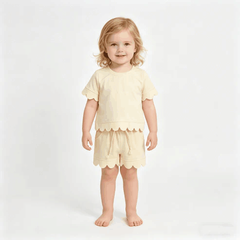 RTS NO MOQ Sibling  Mom And Me Yellow Short Sleeve Top With Pockets Scallop Shorts Sets