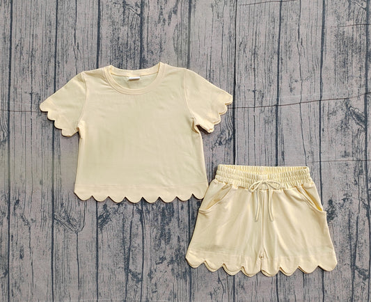 (Pre Order) No moq GSSO3175 Pre-order scallop baby girl clothes yellow short sleeve shorts sets-2026.1.22