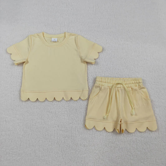 Best Sell RTS Baby Girls Yellow Cotton Short Sleeve Top with Pockets And Scallop Shorts Outfit Set