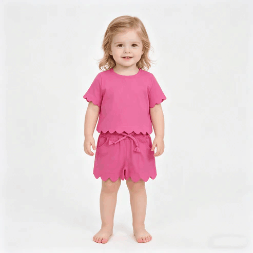 RTS NO MOQ Sibling  Mom And Me Hot Pink Short Sleeve Top With Pockets Scallop Shorts Sets
