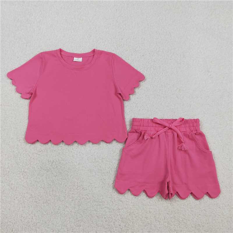 RTS NO MOQ Sibling  Mom And Me Hot Pink Short Sleeve Top With Pockets Scallop Shorts Sets