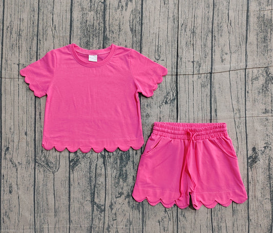(Pre Order) No moq GSSO3176 Pre-order scallop baby girl clothes rose red short sleeve shorts sets-26.1.22