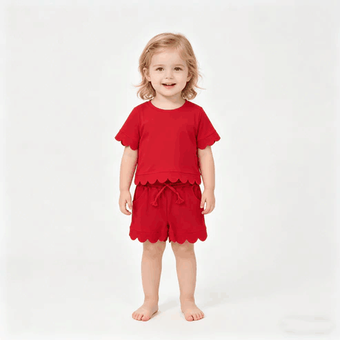 RTS NO MOQ Sibling  Mom And Me Red  Short Sleeve Top With Pockets Scallop Shorts Sets