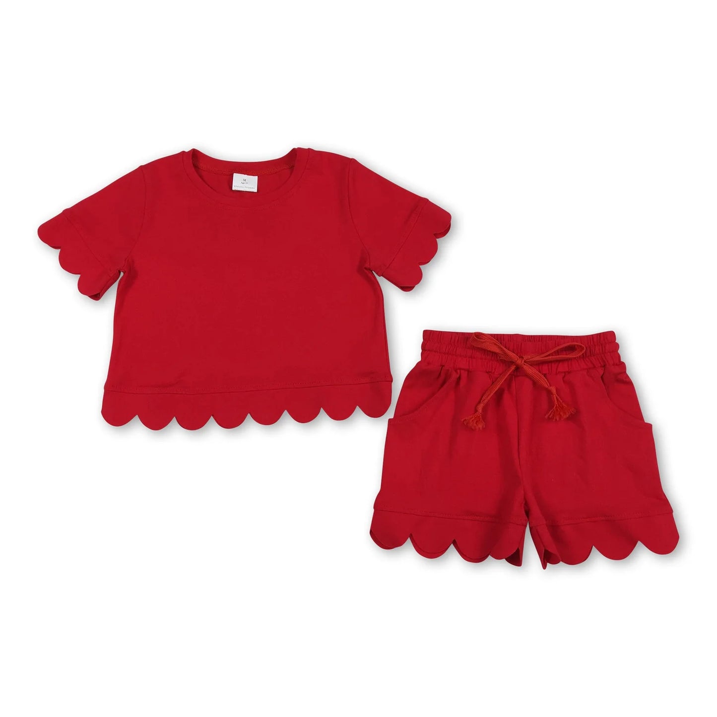 RTS NO MOQ Sibling cotton Baby Girls Solid Color Scallop Trim Short Sleeve Tee And Elastic Waist Shorts Set