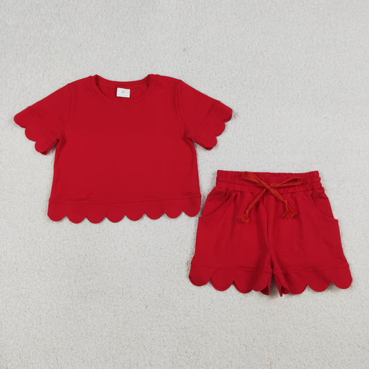 RTS NO MOQ GSSO3177 Baby Girls Red Scallop Top And Shorts Set Short Sleeve Clothing Outfit for Little Girls