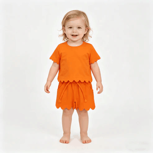 RTS NO MOQ Sibling Mom And Me Orange Short Sleeve Top With Pockets Scallop Shorts Sets