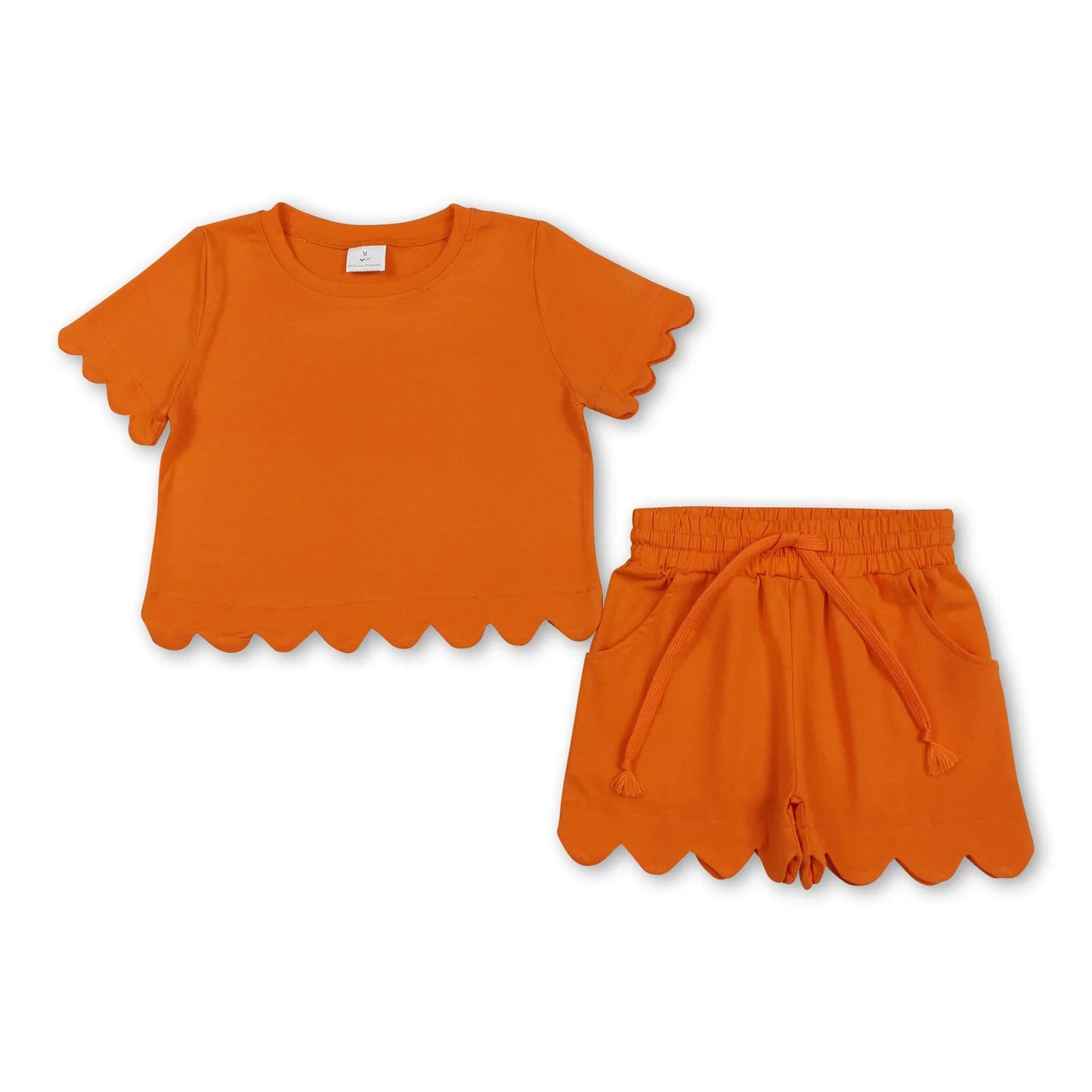 RTS NO MOQ Sibling cotton Baby Girls Solid Color Scallop Trim Short Sleeve Tee And Elastic Waist Shorts Set
