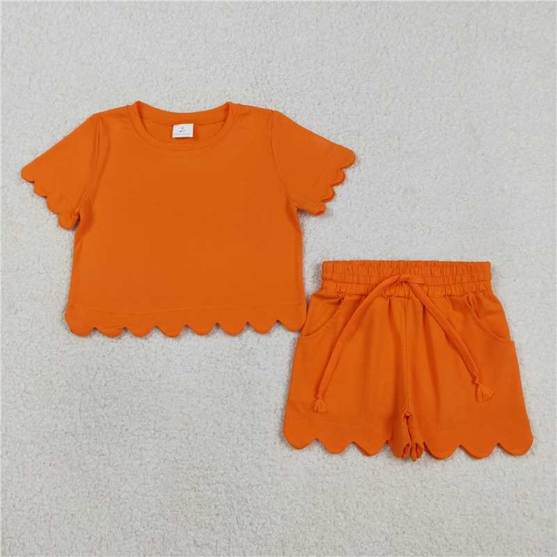 RTS NO MOQ Sibling Mom And Me Orange Short Sleeve Top With Pockets Scallop Shorts Sets