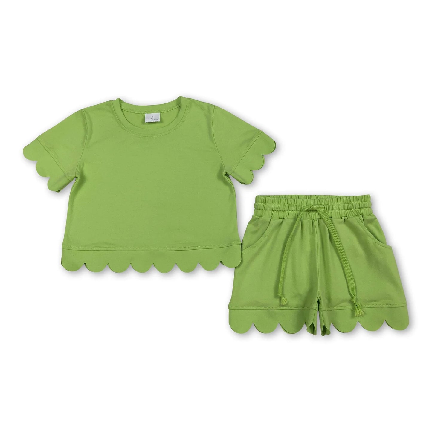 RTS NO MOQ Sibling cotton Baby Girls Solid Color Scallop Trim Short Sleeve Tee And Elastic Waist Shorts Set