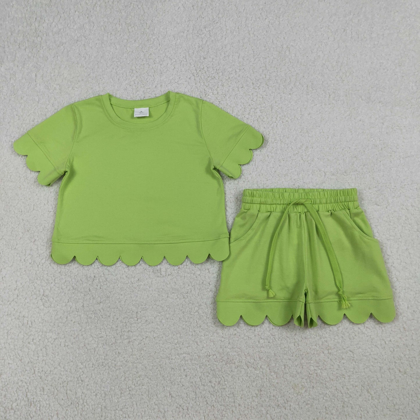 RTS NO MOQ GSSO3179 Baby Girls Green Short Sleeve Shirt Top And Shorts Set Scallop Trim Outfit for Little Girls