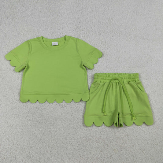 RTS NO MOQ GSSO3179 Baby Girls Green Short Sleeve Shirt Top And Shorts Set Scallop Trim Outfit for Little Girls