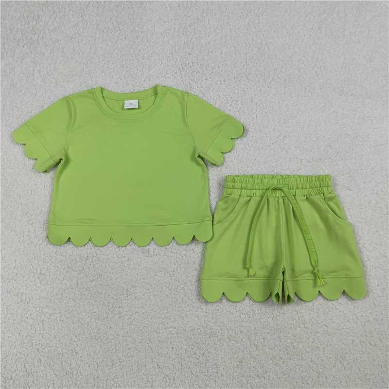 RTS NO MOQ Sibling Baby Girls Scallop Short Sleeve Top with Pockets Shorts Set Cute Casual Outfit