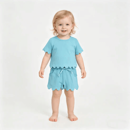 RTS NO MOQ Sibling  Mom And Me Blue  Short Sleeve Top With Pockets Scallop Shorts Sets
