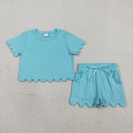 RTS NO MOQ GSSO3180 Baby Girls Blue Short Sleeve Shirt Top with Scallop Trim Matching Shorts Cute Outfit Set for Little Ones
