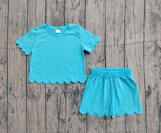 (Pre Order) No moq GSSO3180 Pre-order scallop baby girl clothes sky blue short sleeve shorts sets-26.1.22