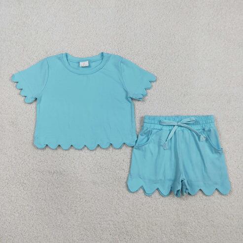 RTS NO MOQ Sibling  Mom And Me Blue  Short Sleeve Top With Pockets Scallop Shorts Sets