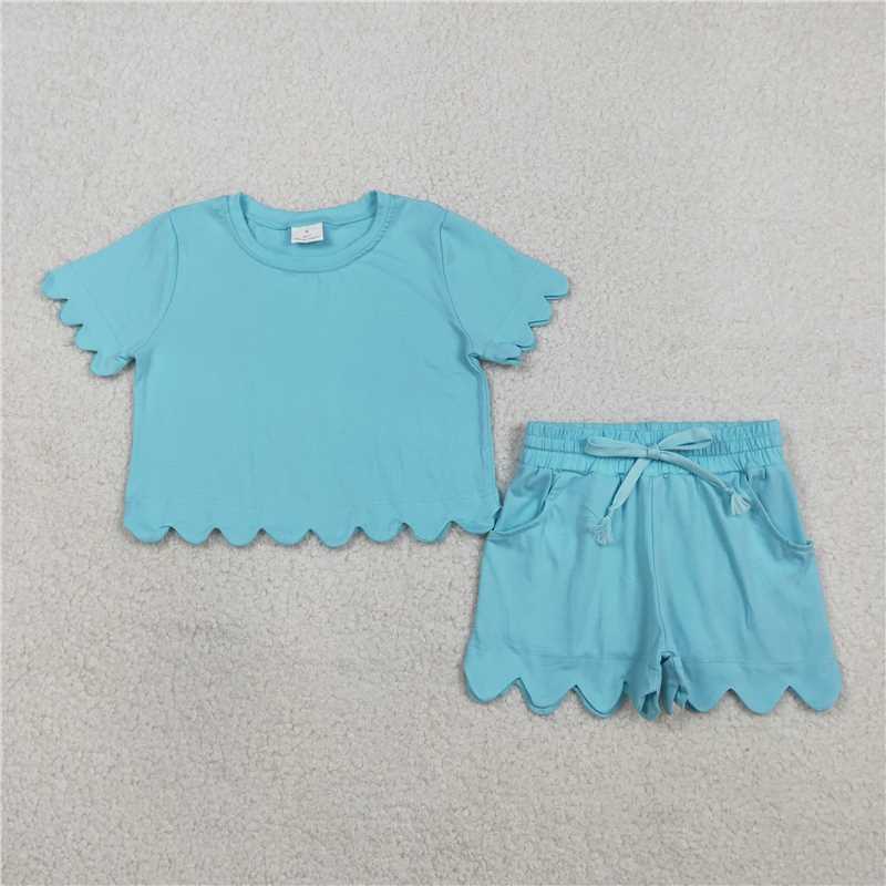 RTS NO MOQ Sibling Baby Girls Short Sleeve Shirt Top Scallop Short with Pockets Set Cute Clothes