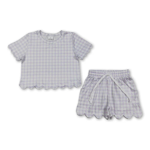 RTS NO MOQ Sibling milk silk Sibling Baby Girls Colorful Checked Scallop Shirts Top Pockets Short Pajamas Clothes Sets