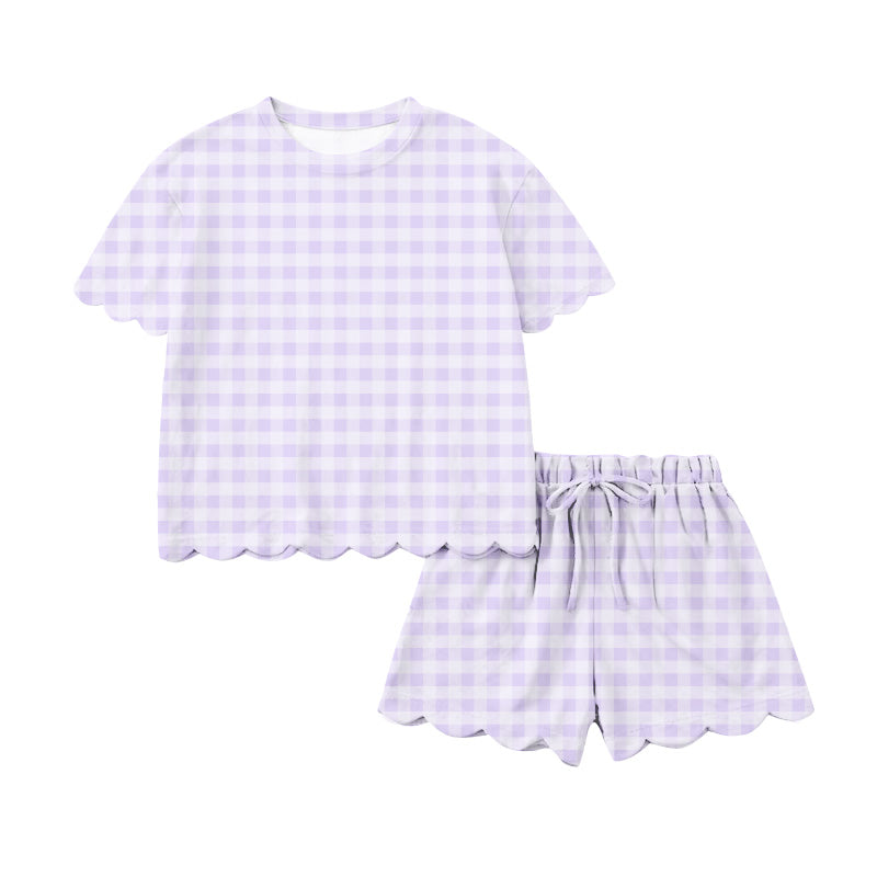 (Pre Order) No moq Checkered  scallops Wave Loose Girl System Spring Cute Set sibling more color sets