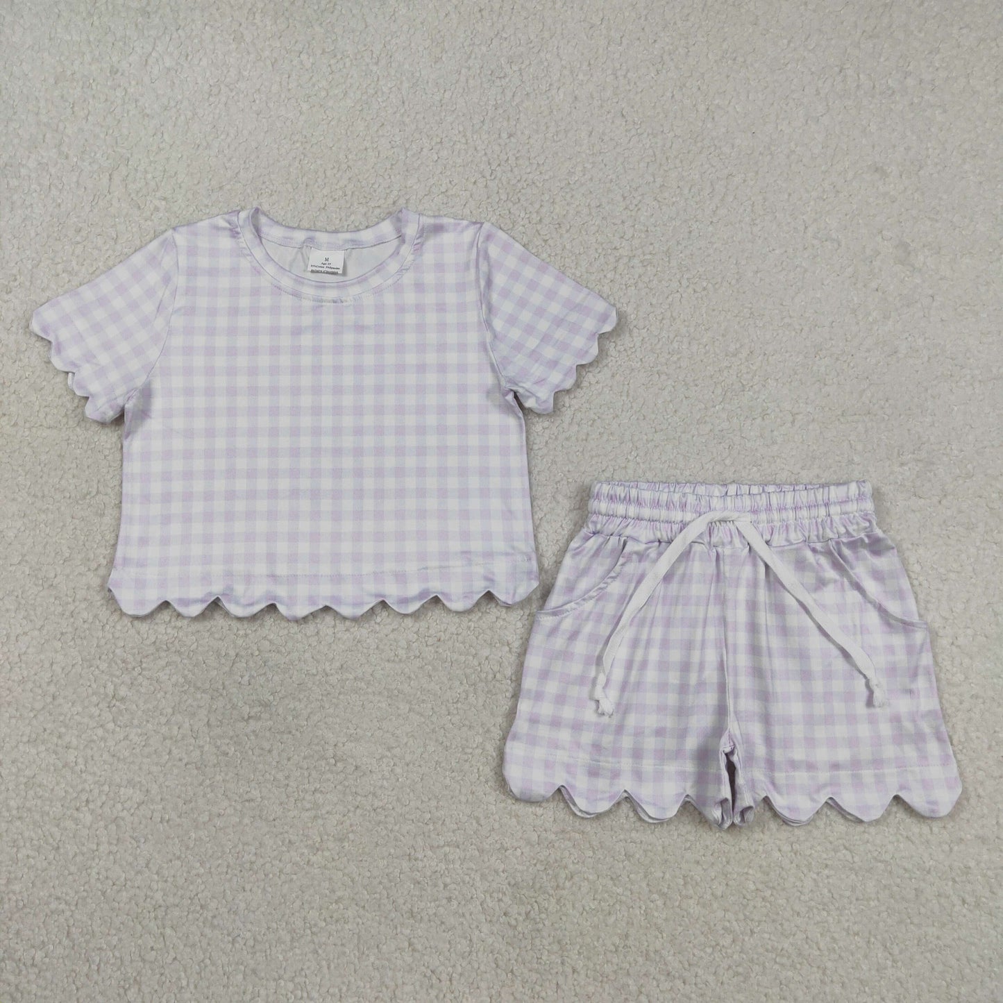 RTS NO MOQ Sibling Baby Girls Colorful Checked Scallop Short Pajamas with Pockets Shirt Top Set Cute Baby Outfit Clothes Set
