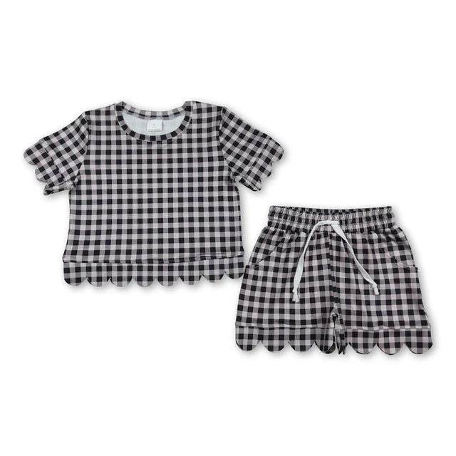 RTS NO MOQ Sibling milk silk Sibling Baby Girls Colorful Checked Scallop Shirts Top Pockets Short Pajamas Clothes Sets