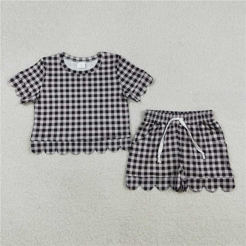 RTS NO MOQ Sibling Baby Girls Colorful Checked Shirt Top Scallop Short with Pockets Set Cute Clothes