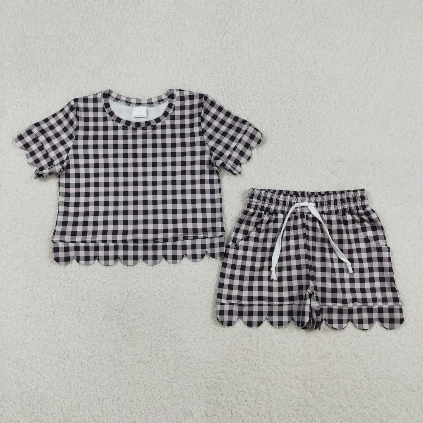 RTS NO MOQ GSSO3182 Baby Girls Black Checked Scallop Top And Shorts Set Short Sleeve Clothing Outfit for Little Girls